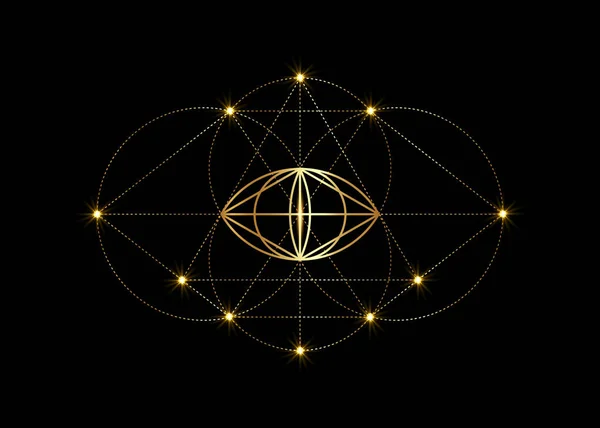 ヴェシカ ピシス金神聖幾何学 三角形のピラミッド内のすべての目 3番目の目 またはプロビデンスの目を見る ピピの神秘的な天と地のベクトル図は黒の背景に隔離された — ストックベクタ