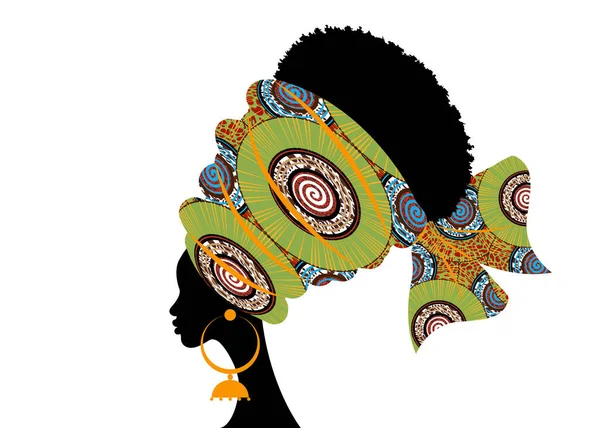 Portrait Belle Femme Africaine Turban Traditionnel Motif Tribal Fait Main — Image vectorielle