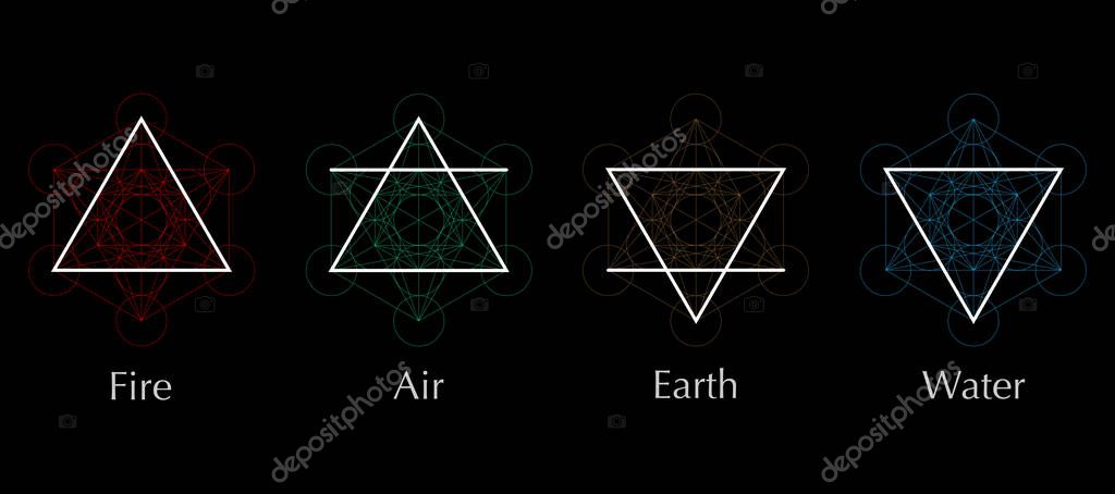 Four elements icons, line, triangle and round symbols set template. Air, fire, water, earth symbol. Pictograph. Colorful Alchemy symbols isolated on black background. Magic vector decorative elements