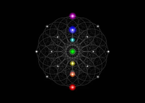 生命のシンボルの種神聖な幾何学 生命の花とカラフルな七つのチャクラ 精神的な瞑想のための幾何学的な神秘的な錬金術曼荼羅 黒の背景に隔離されたベクトル — ストックベクタ