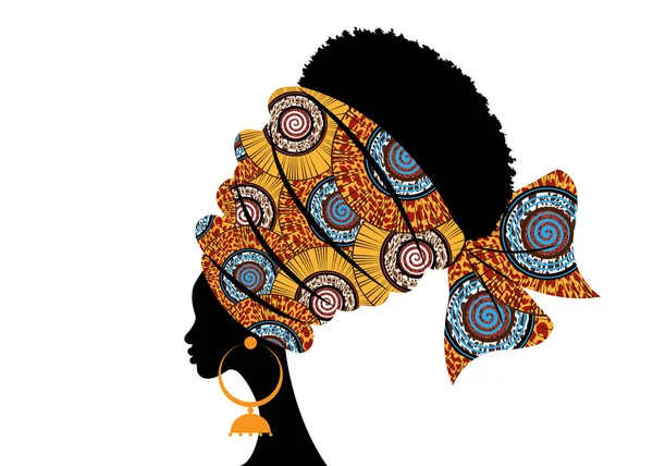 Portrait Belle Femme Africaine Turban Traditionnel Motif Tribal Fait Main — Image vectorielle