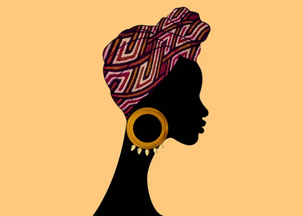 美しいアフリカの女性の肖像画 シェンボレンアンカラヘッドラップ女性アフリカの伝統的なヘッドタイスカーフターバン ケントヘッドはアフリカの部族のファブリックデザインを包みます ベクターアイコンロゴテンプレートパンフレット背景 — ストックベクタ
