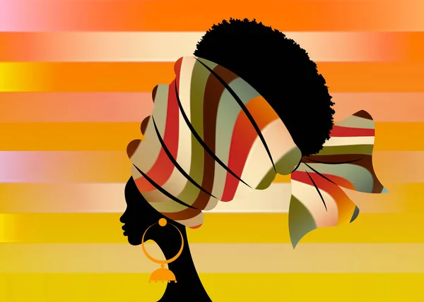 Portrait Belle Femme Africaine Turban Traditionnel Motif Rayures Main Kente — Image vectorielle