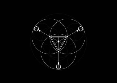 Sihirli simya sembolleri, Kutsal Geometri. Mandala dini, felsefe, maneviyat, okültizm kavramı. Çizgileri ve üst üste binen daireleri olan doğrusal üçgen, iz vektör logosu izole edilmiş siyah arkaplan 