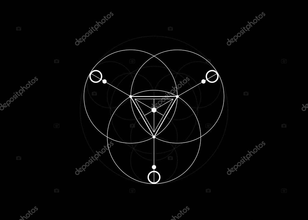 Magic Alchemy symbols, Sacred Geometry. Mandala religion, philosophy, spirituality, occultism concept. Linear triangle with lines and overlapping circles, print vector logo isolated black background