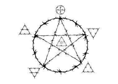 Pentagram sembolü dikenli tel şeklinde. Büyücülüğü ve beş elementi kullanan sihirli işaretler: ruh, hava, toprak, ateş ve su ikonları. Wicca kehaneti okült resim makinesi, vektör izole 