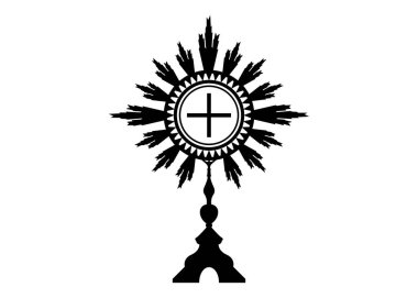 Monstrance. Roma Katolik, Eski Katolik ve Anglikan törenlerinde kullanılan Ostensoryum. Kutsanmış Ayin 'in Kutsanması, Ayin' e ev sahipliği yapmak için kullanılır. Vektör beyazda izole edildi