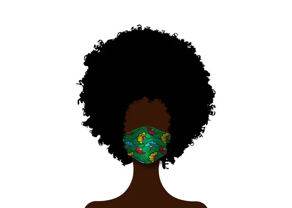 アフリカ巻き毛を持つアフリカの女性は アフリカワックス生地パターンでファッション外科マスクを身に着けています 安全マスク 防塵マスクと呼吸医療呼吸マスク コロナウイルスパンデミックベクター — ストックベクタ