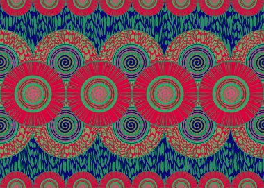 Afrika Balmumu Yazdırma Kumaşı, Etnik el yapımı süs, Afro Etnik çiçekler ve kabile motifleri geometrik elementler. Vektör dokusu, Afrika kusursuz tekstil Ankara moda tarzı kırmızı renkli