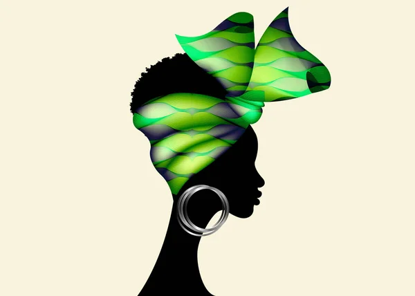 Retrato Mujer Africana Lleva Bandana Verde Para Peinados Rizados Shenbolen — Vector de stock