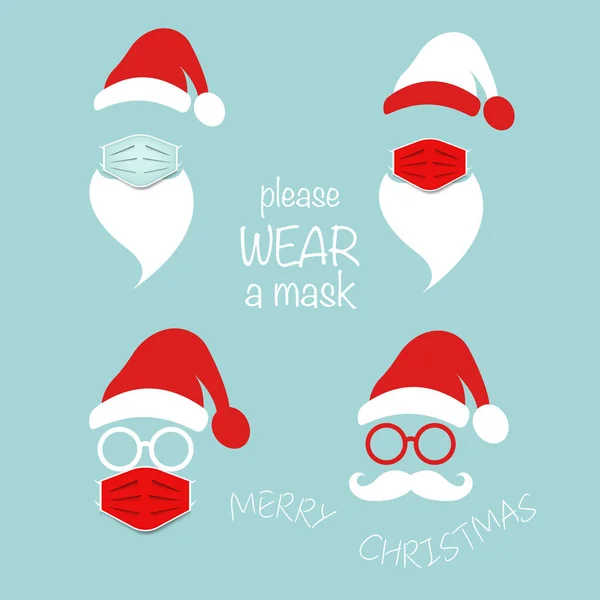 サンタクロースのヘッドラベルは 外科用マスクセットのアイコン 丸メガネを着用してください メリークリスマスサンタクロースのロゴデザインコロナウイルス保護 青の背景に隔離されたCovid 19ベクトル — ストックベクタ