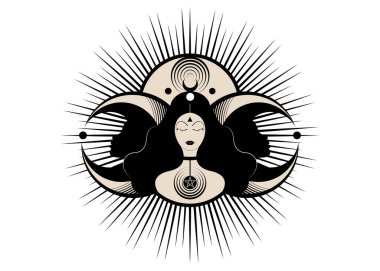 Wiccan kadın ikonu, Ay evrelerinin üçlü tanrıça sembolü. Hekate, mitoloji, Wicca, cadılık. Üçlü Ay Dini Cadısı işareti. Logo Neopaganizm sembolü. Hilal, yarım ve dolunay, vektör beyaz arkaplanda izole. 