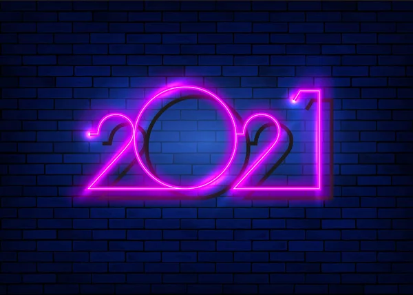 2021青いレンガの壁に輝くピンクのネオンサイン ベクターイラスト Happy New Yearネオン現実的なサインバナー — ストックベクタ