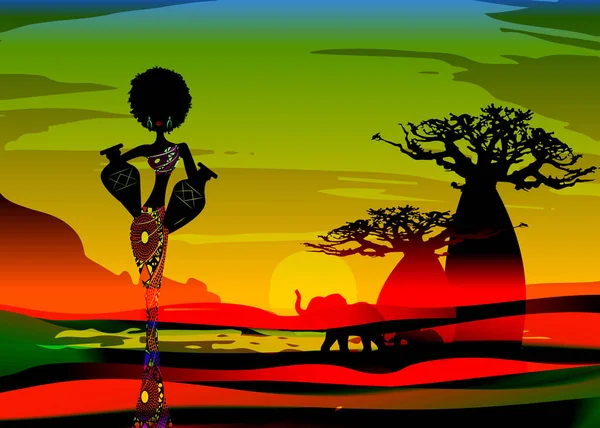 Sonnenuntergang Landschaft Von Wald Baobab Bäumen Elefanten Der Savanne Und — Stockvektor