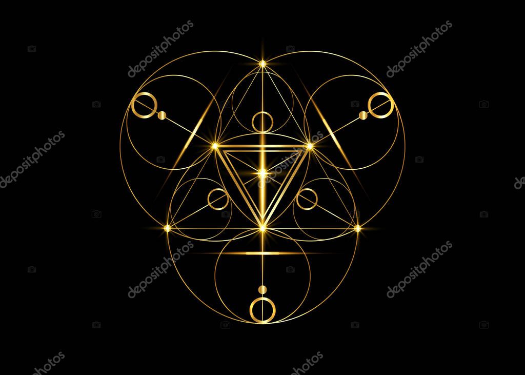 Magic Alchemy symbols, Sacred Geometry. Mandala religion, philosophy, spirituality, occultism concept. Golden triangle with lines and overlapping circles, print vector logo isolated black background