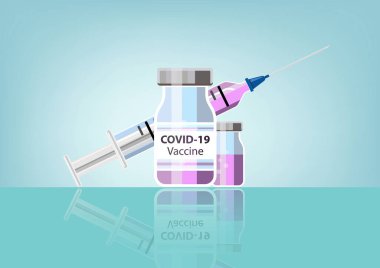 Covid-19 Coronavirus konsepti. Aşı şişesi ve şırınga. Karantina, yeni koronavirüs. Salgın covid-19 salgını. Yeşil arkaplanda vektör izole edilmiş simge 