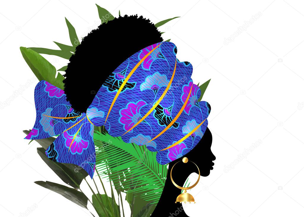 portrait beautiful African woman in traditional turban tribal motif wedding flowers, Kente head wrap African with ethnic earrings, black women Afro curly hair vector isolated on white and palm leaves