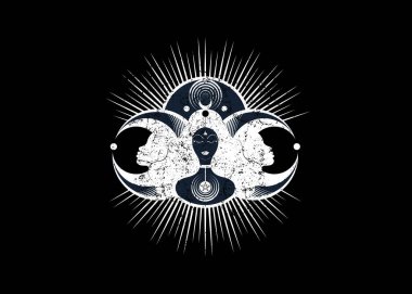 Wiccan kadın ikonu, Ay evrelerinin üçlü tanrıça sembolü. Hekate, mitoloji, Wicca, cadılık. Üçlü Ay Dini Cadısı işareti. Logo Neopaganizm sembolü. Hilal, yarım ve dolunay, vektör izole edildi
