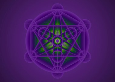 Simya okült işareti, Metatron Küpü, Yaşam Çiçeği. Kutsal geometri, grafik element sihirli altıgen. Vektör Mystic simgesi platonik katılar, geometrik çizimler, mor arkaplanda tipik ekin çemberleri
