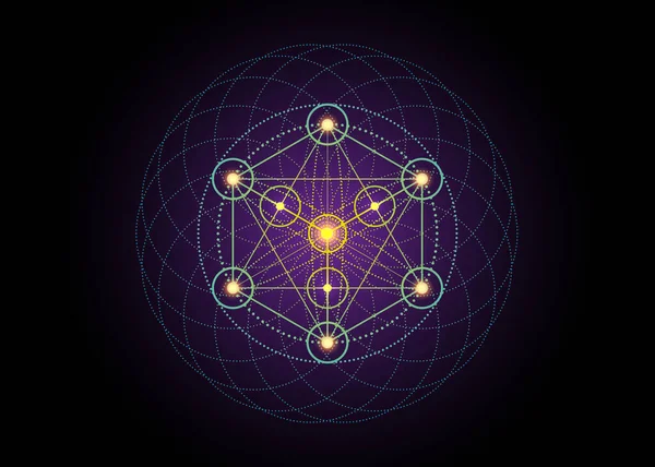 錬金術オカルト記号 メタトロンキューブ 生命の花 神聖幾何学 グラフィック要素魔法の六角形 ベクトル神秘的なアイコンのプラトニック固体 幾何学的な図面 紫の背景に典型的なミステリーサークル — ストックベクタ