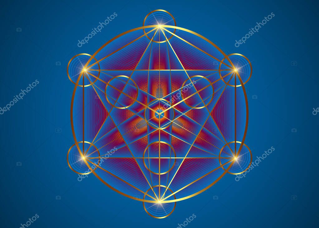 Alchemy occult Mandala, Metatrons Cube, Flower of Life. Gold Sacred geometry, graphic element magic hexagram. Vector Mystic platonic solids, geometric drawing, typical crop circles on blue background