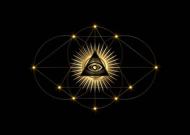 Kutsal Mason sembolü Vesica piscis altın kutsal geometri. Hepsi Gören Göz, üçüncü göz ya da Üçgen Piramidin içindeki Takdir-i İlahi. Çemberler ve çizgi noktaları vektör illüstrasyonu siyah üzerine izole 