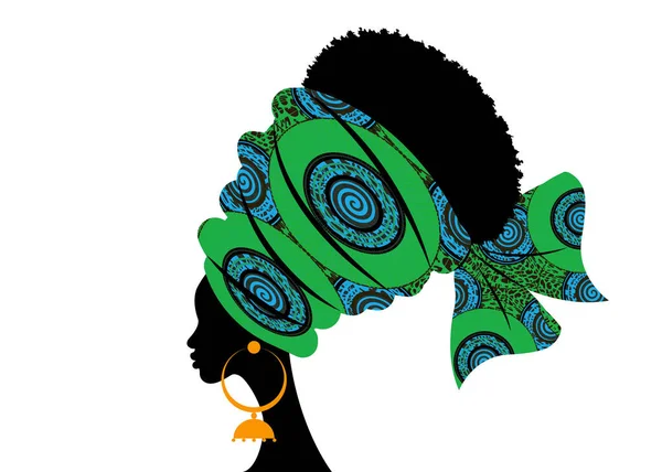 Retrato Bela Mulher Africana Turbante Tradicional Motivo Tribal Artesanal Kente — Vetor de Stock