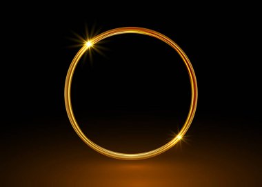 Sihirli altın çember çerçeve. Parlayan ateş halkası izi. Siyah arkaplanda izole edilmiş altın girdap izi efekti. Parlak lüks elips çizgisi uçan fener ışıkları ve merkezi kopyalama alanı