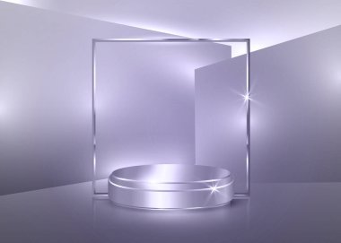Gümüş peronlu 3D platform stüdyo minimal sahne, yumuşak mor arka plan vektörü 3d lüks podyum. Ürünü göstermek için parlak bir platform. Sahne boş, modern 3D stüdyo platin taban.