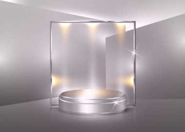 3D platform stüdyo minimal sahne, gümüş platform, inci rengi arka plan vektörü 3d lüks podyum. Ürünü göstermek için parlak bir platform, spot ışıkları. Sahne boş modern platin kaide tabanı
