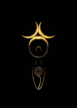 Altın spiral doğurganlık tanrıçası ve üçlü ay cadısı. Yaşam, ölüm ve yeniden doğuşun spiral döngüsü. Altın Kadın Cadı anne. Cinsel üremenin sembolü. Siyah arka planda izole edilmiş vektör. 