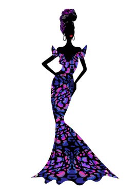 Tipik afro giysili ve başlıklı güzel Afrikalı kadın geleneksel düğün töreni için ankara balmumu baskı tekstili. Beyaz arkaplanda izole edilmiş vektör 