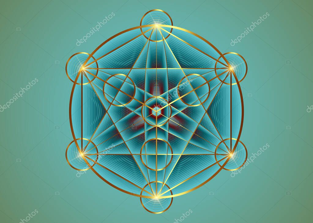 Alchemy occult Mandala, Metatrons Cube, Flower of Life. Gold Sacred geometry, graphic element magic hexagram. Vector Mystic platonic solids, geometric drawing, crop circles on vintage blue background