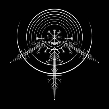 Vegvisir sihirli seyrüsefer pusulası çok eski. Vikingler, Viking toplumunda yaygın olarak kullanılan İskandinav mitolojisine göre birçok sembol kullandılar. Siyah üzerine izole edilmiş Yuvarlak Logo Wiccan ezoteric işareti 