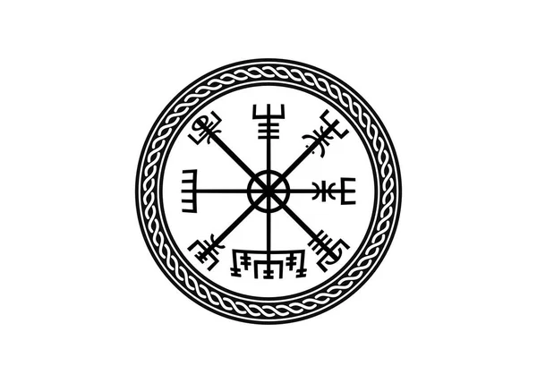 バイキングシンボル Vegvisir Futharkルーン魔法のナビゲータコンパスアートボードプリントを意味します 旅行者のための保護的な実行のお守り 放浪のためのコンパス 白地に隔離されたベクトル — ストックベクタ