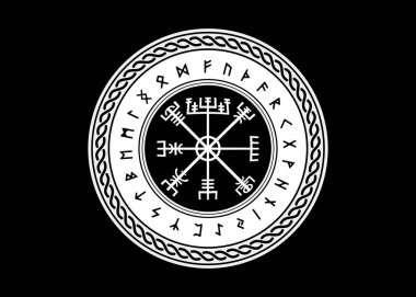 Viking Sembol Sebzesi Sir Futhark Rune Sihirli Navigator Pusula Anlamı Sanat Tahtası Yazdırma. Gezginler için koruyucu runik tılsım. Gezginler için pusula. Siyah arkaplanda izole edilmiş vektör