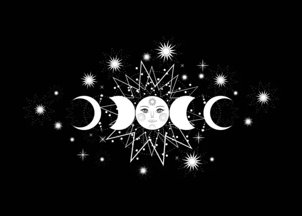 Triple Luna Símbolo Pagano Diosa Wicca Fases Lunares Sistema Solar — Vector de stock