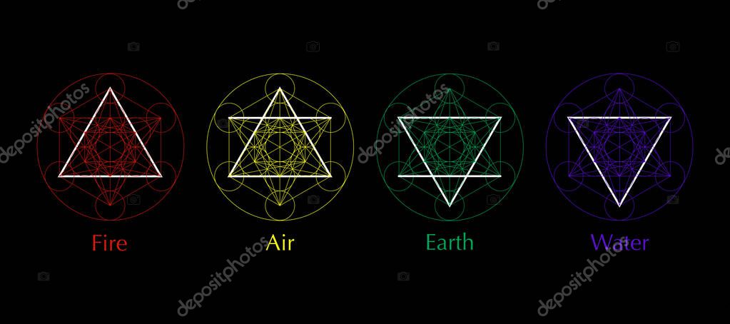 Four elements icons, line, triangle and round symbols set template. Air, fire, water, earth symbol. Colorful Pictograph. Alchemy symbols isolated on black background. Magic vector decorative elements
