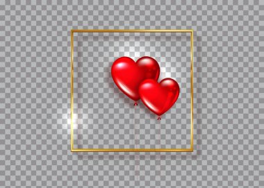 Altın çerçevede parlak kırmızı balonlar kalp şekli, vektör izole edilmiş şeffaf arkaplan. Sevgililer Günü tatili, düğün ya da romantik flört sembolü. Doğum günü, yıldönümü partisi kutlaması, sürpriz tabela