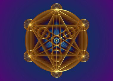 Simya büyücüsü Mandala, Metatron Küpü, Hayat Çiçeği. Altın kutsal geometri, grafik element sihirli altıgen. Vektör Mystic platonik katılar, geometrik çizimler, klasik mavi arkaplan üzerindeki ekin çemberleri