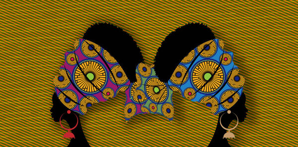 portrait beautiful Afro woman. Shenbolen wedding flower Headwrap Women African Traditional Ankara Turban. Kente head wraps African tribal batik fabric design. Vector Africa batik concept background