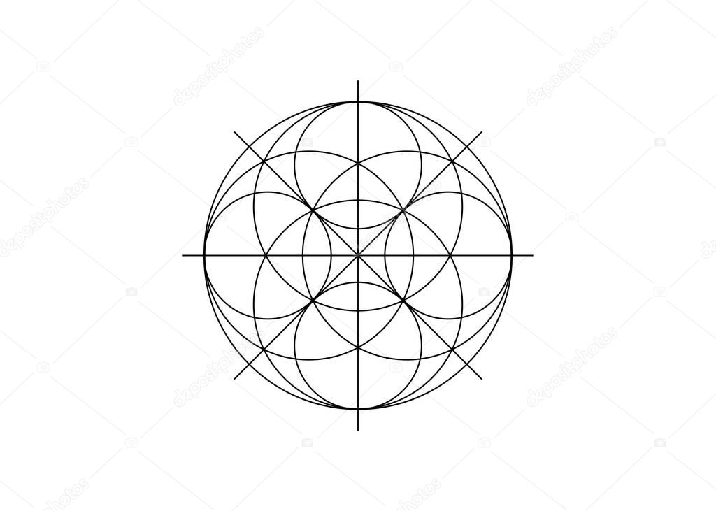 Sacred Geometry symbol, Seed of life sign. Geometric mystic mandala of alchemy esoteric Flower of Life. Black line art vector divine meditative amulet isolated on white background