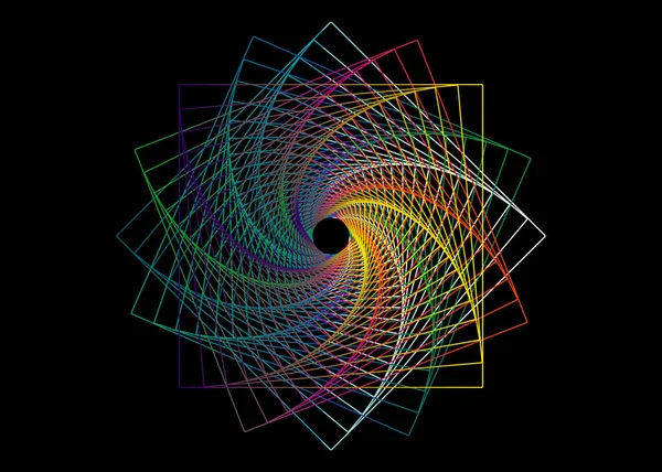 スパイラル渦線カラフルなマンダラ 神聖な幾何学 ロゴデザイン要素を描画します 幾何学的神秘的なスペクトル錬金術の花密教のシンボル 黒の背景に隔離されたベクトルイラスト — ストックベクタ