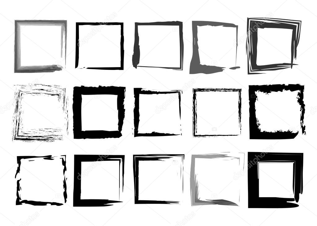 Black frames set, square shaped old grungy border in paint brush stroke style, vector collection ornament isolated on white background