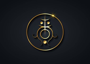 Kök ve sakral çakrayı temizlemek için mühür. Kutsal Geometri. Sihirli bir sembolün altın stilize edilmiş görüntüsü. Grafik tasarımında, dövmede ve logoda kullanılabilir, siyah arkaplanda izole edilmiş vektör 