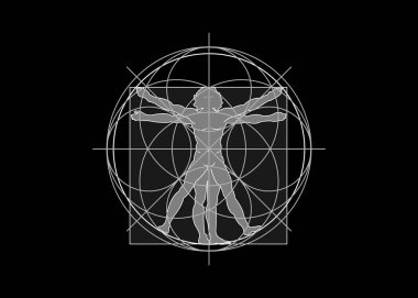 Kutsal Geometri sembolü. Vitruvianlı adam. Leonardo da Vinci 'nin çizimlerine dayanan ayrıntılı çizim, siyah arkaplanda izole edilmiş vektör