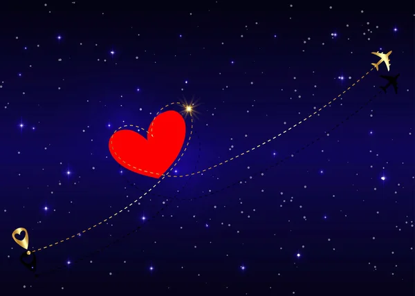 Літак Летить Золота Петля Лінії Серця Зоряному Фоні Блакитного Неба — стоковий вектор