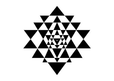 Sri Yantra, Kutsal Geometri, merkezi noktadan yayılan dokuz iç içe geçmiş üçgen tarafından oluşturulan Hindu tantra sembolü. Simya Mandala yin yang işareti, beyaz arkaplanda izole edilmiş vektör