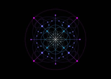 Kutsal Geometri, renkli yaşam sembolü tohumu. Simya ezoterik hayat çiçeğinin logo simgesi Geometrik mistik mandala. Vektör neon çizgisi sanat dövmesi. İlahi meditasyon tılsımı. Siyah arka planda izole edilmiş.