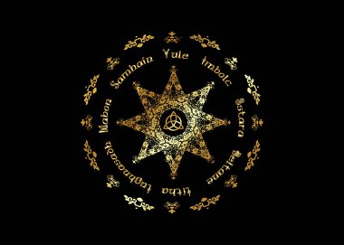 Yılın Gölgeler Tekerlek Altın Kitap Modern Paganizm Wicca. Wiccan takvimi ve tatiller. Charmed celtic orta Triquetra sembolü ile Altın Pusula. Siyah arka planda yalıtılmış vektör 